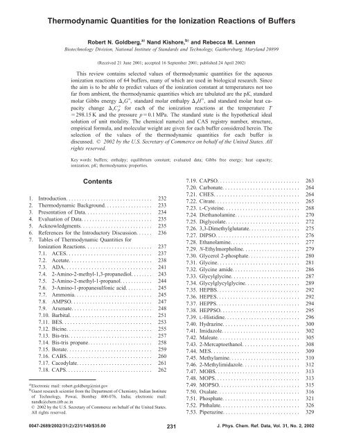 Thermodynamic Quantities for the Ionization Reactions of Buffers