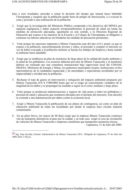 INFORME DE LA VERDAD SOBRE EL DESASTRE AMBIENTAL EN CHOROPAMPA