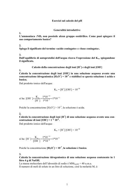 1 Esercizi Sul Calcolo Del Ph Generalita Introduttive 1 L Ammoniaca