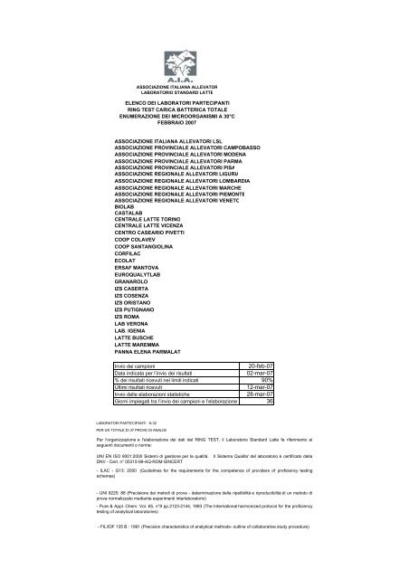 Associazione Italiana Allevatori Laboratorio Standard Latte ...