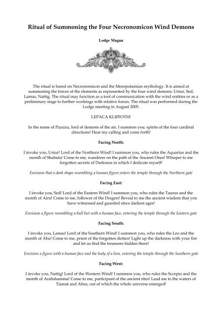 Ritual of Summoning the Four Necronomicon Wind Demons
