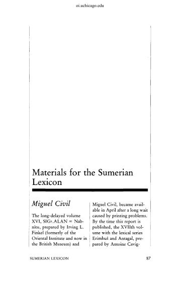 Materials for the Sumerian Lexicon. Miguel Civil - Oriental Institute