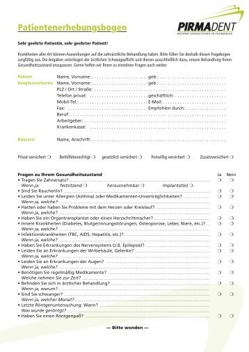 Anamnesebogen / Patientenerhebungsbogen (PDF) - Pirmadent