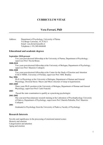 CURRICULUM VITAE Vera Ferrari, PhD