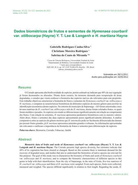 Dados biométricos de frutos e sementes de Hymenaea ... - Biotemas