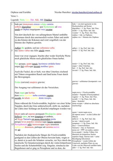 Orpheus und Euridike Nicolas Hunziker: nicolas ... - metamorphosen