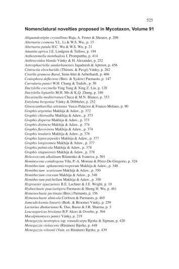 Nomenclatural novelties proposed in Mycotaxon, Volume 91