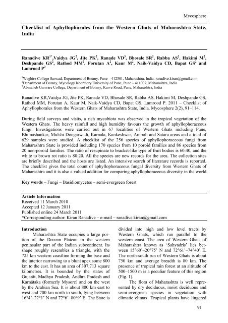 Checklist of Aphyllophorales from the Western Ghats of Maharashtra ...