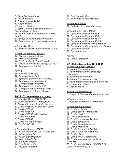 Pacific Bulb Society Bulb and Seed Exchange (BX) 201-300