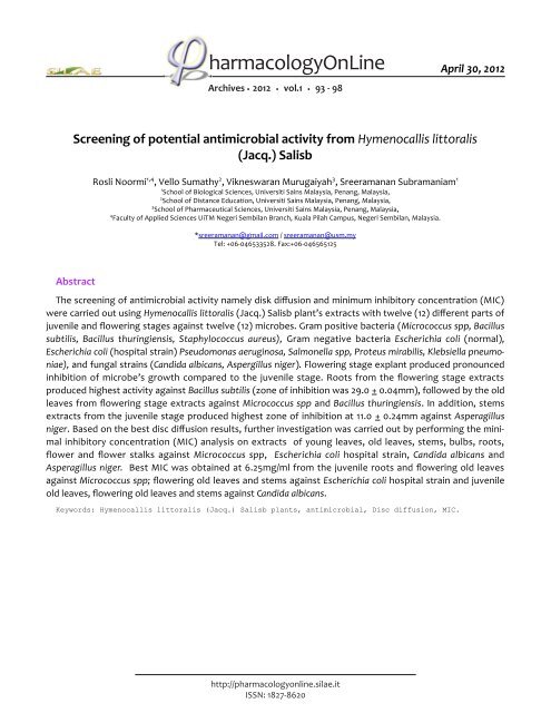 Screening of potential antimicrobial activity from Hymenocallis littoralis