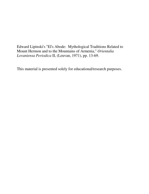 Edward Lipinski's "El's Abode: Mythological Traditions Related to ...