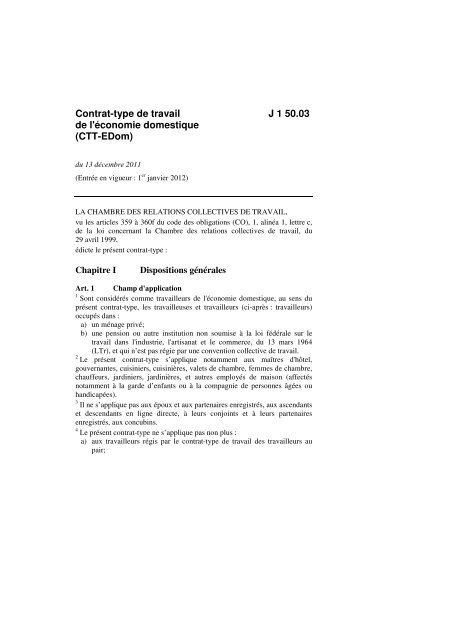 Contrat-type de travail de l'économie domestique (CTT ... - Seco