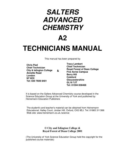 salters advanced chemistry a2 technicians manual - Benjamin-Mills