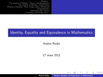 Identity, Equality and Equivalence in Mathematics - Ens
