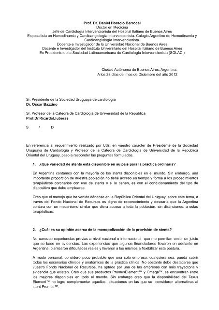 Carta del Dr. Daniel Horacio Berrocal - Sociedad Uruguaya de ...