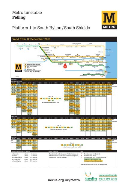 Metro timetable Felling Platform 1 to South Hylton / South Shields