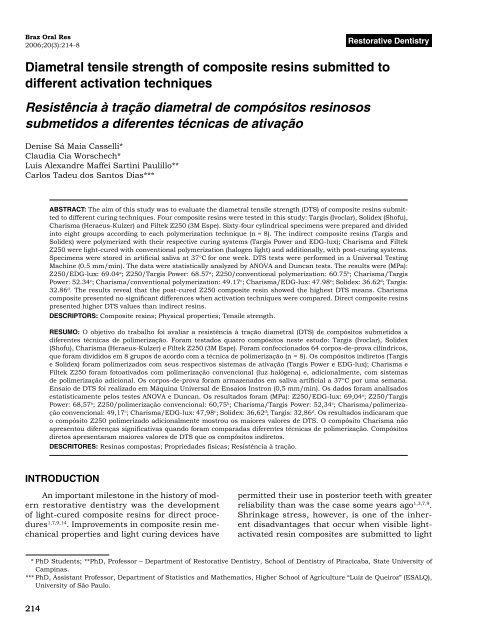 Diametral tensile strength of composite resins submitted to different ...