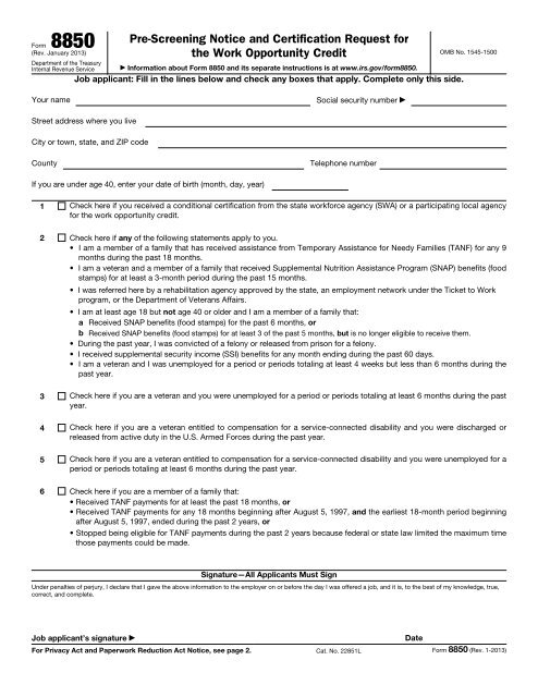 Form 8850 (Rev. January 2013) - Internal Revenue Service