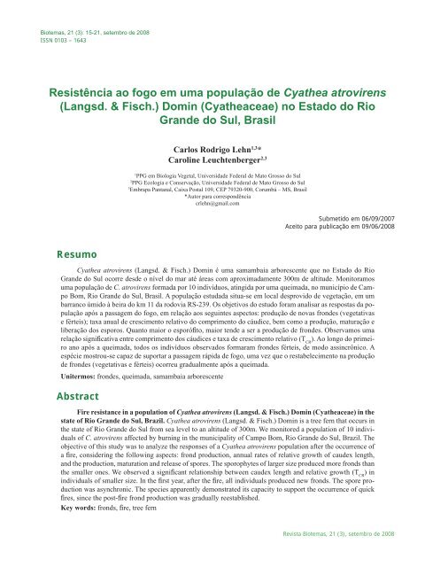 Resistência ao fogo em uma população de Cyathea ... - Biotemas