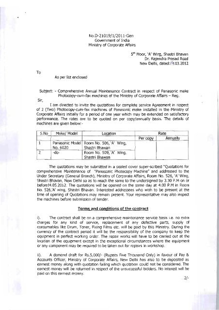 Comprehensive Annual Maintenance Contract in respect of Panasonic