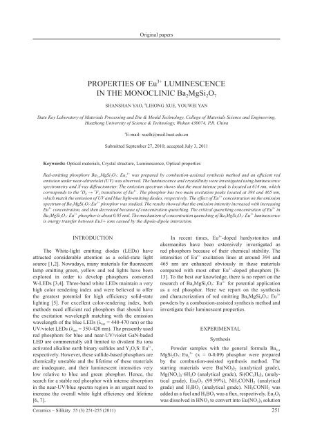 PROPERTIES OF Eu3+ LUMINESCENCE IN ... - Ceramics-Silikaty