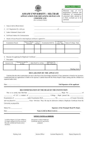Provisional Or Original Certificate Form Assam University