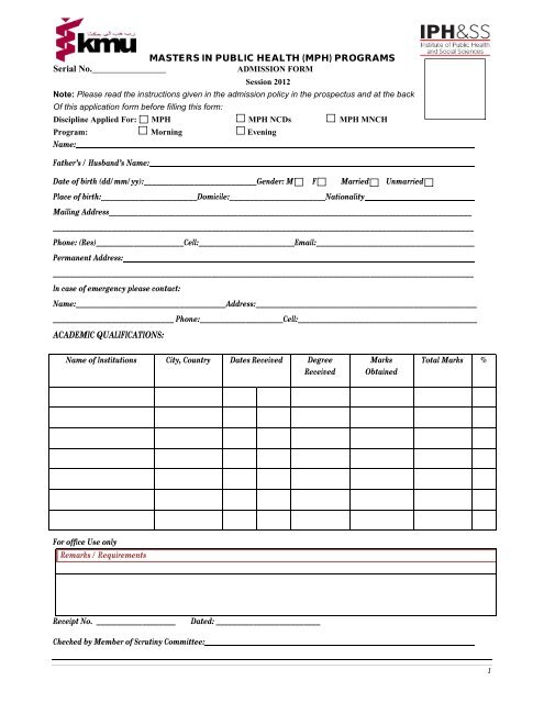 MPH Admission Form - Khyber Medical University