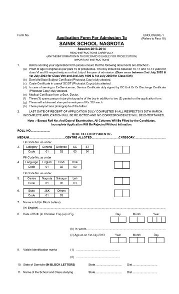 Application Form - Sainik School Nagrota