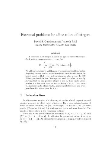 Extremal problems for affine cubes of integers - University of Manitoba