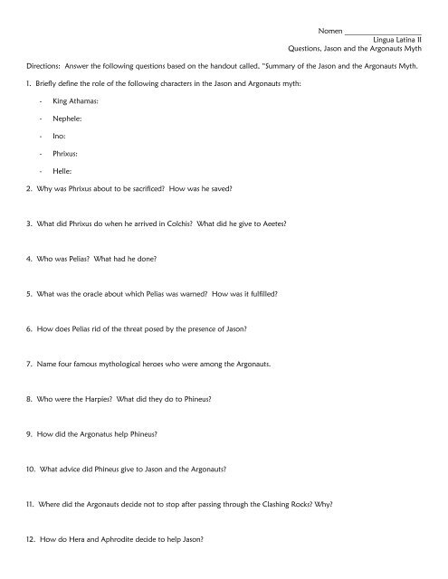 Jason and Argonauts Worksheet - Medina City Schools