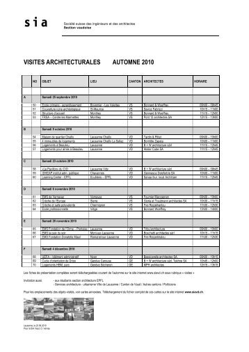 VISITES ARCHITECTURALES AUTOMNE 2010 - (SIA) - section Vaud