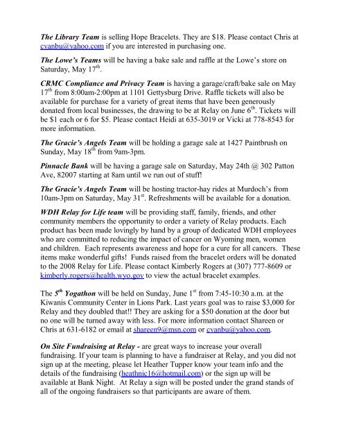 RFL Newsletter May 08 - Relay For Life