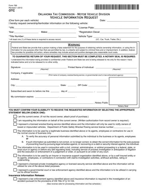 Vehicle Information Request form - Oklahoma Tax Commission