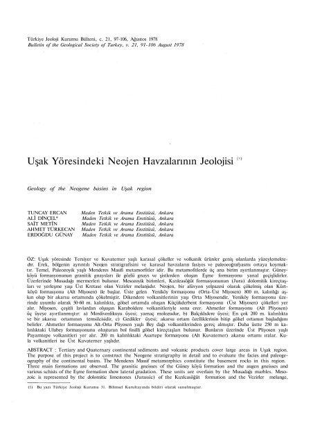 Uşak Yöresindeki Neojen Havzalarının Jeolojisi