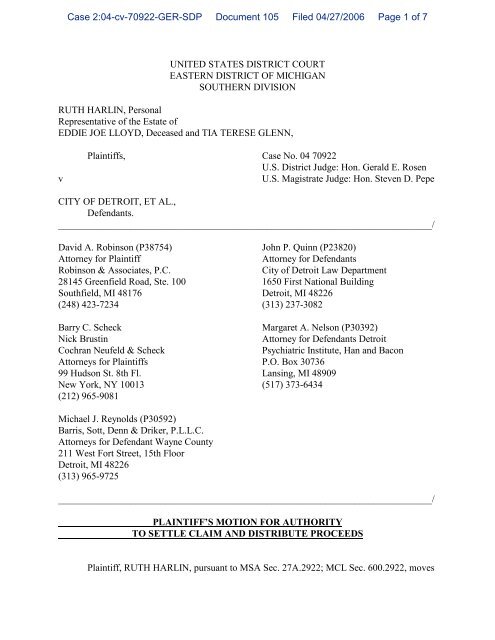 Lloyd V Detroit Motion For Disbursement And Settlement Lloyd V Detroit Motion For Disbursement And Settlement