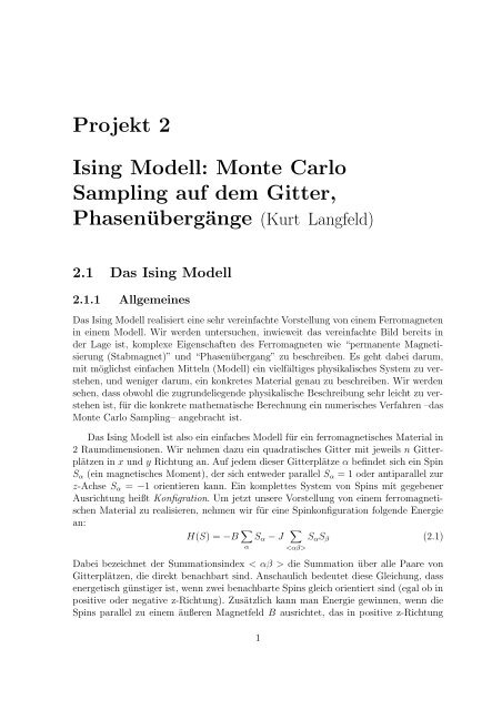 Projekt 2 Ising Modell: Monte Carlo Sampling auf dem Gitter ...