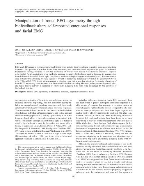 Manipulation of frontal EEG asymmetry through biofeedback alters ...