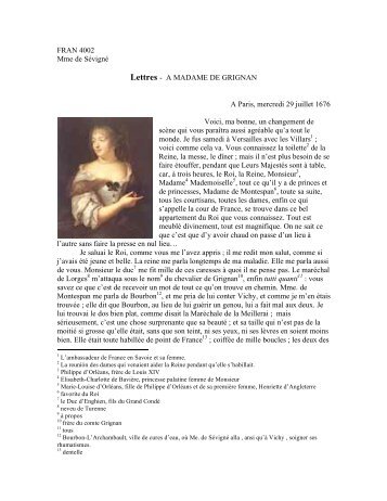 FRAN 4002 Mme de Sévigné Lettres - A MADAME DE GRIGNAN A ...