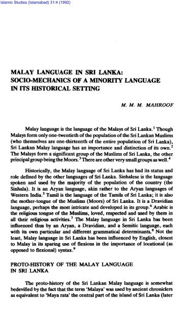 MALAY LANGUAGE IN SRI LANKA: SOCIO-MECHANICS OF A ...