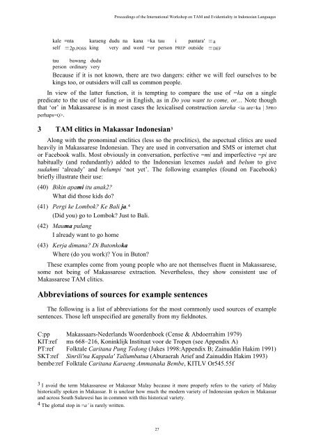 Aspectual and modal clitics in Makassarese and Makassar Indonesian