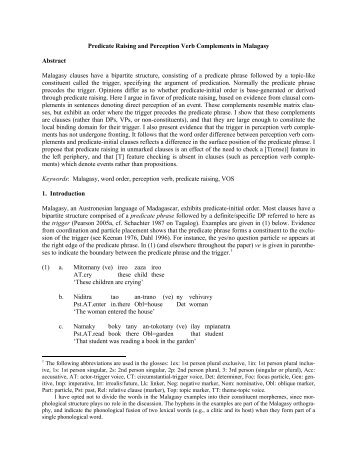 Predicate Raising and Perception Verb Complements in Malagasy ...