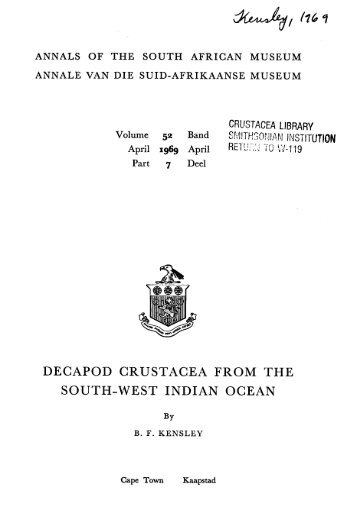 DECAPOD CRUSTACEA FROM THE SOUTH-WEST INDIAN OCEAN