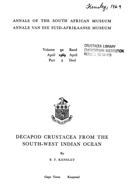 DECAPOD CRUSTACEA FROM THE SOUTH-WEST INDIAN OCEAN