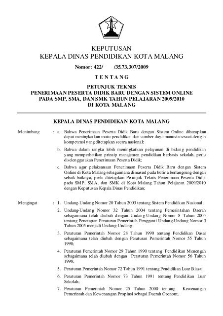 Keputusan Kepala Dinas Pendidikan Kota Malang Siap Psb Real