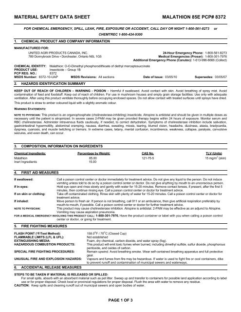 Material Safety Data Sheet Malathion 85e Pcp 8372 Mgs