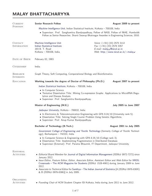 MALAY BHATTACHARYYA - Indian Statistical Institute