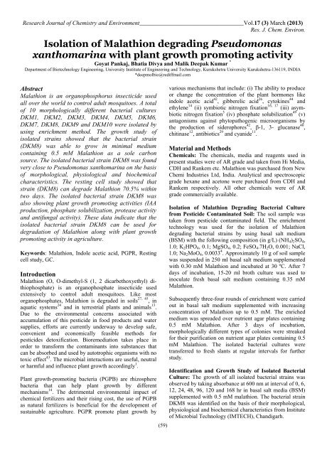 Isolation of Malathion degrading Pseudomonas xanthomarina with ...