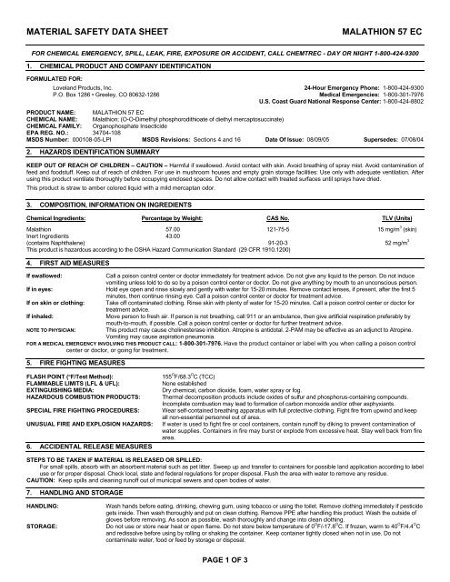 Material Safety Data Sheet Malathion 57 Ec Pest Control Products