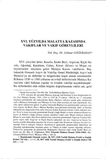 XVi. YÜZYıLDA MALATYA KAZASıNDA VAKIFLAR VE VAKıF ...