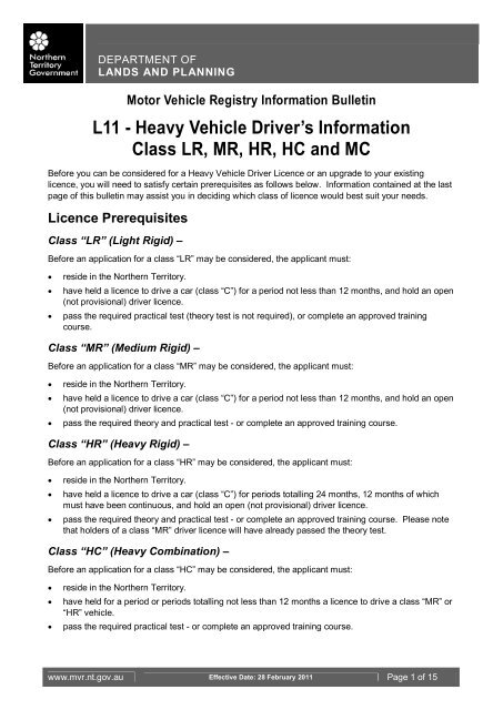 L11 Heavy Vehicle Driver S Information Darwin Department Of